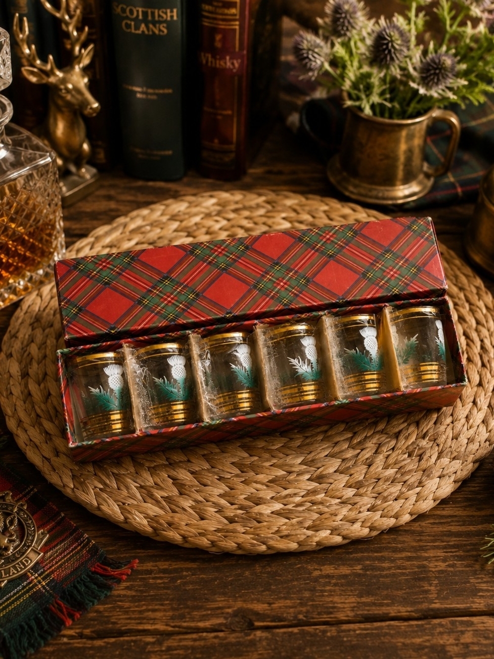 Vintage Scottish Thistle Shot Glass Set 6 Gold Rim Tartan Box